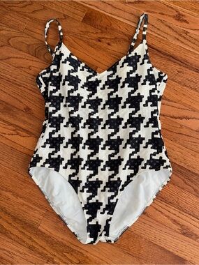 Vintage Y2K Spiegel Houndstooth Sequin One Piece Swimsuit White Black Size 16